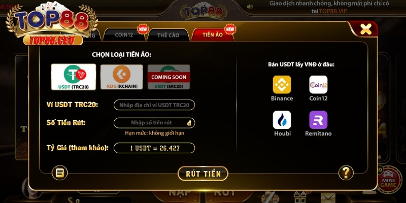 Các hình thức rút tiền được hỗ trợ tại Top88